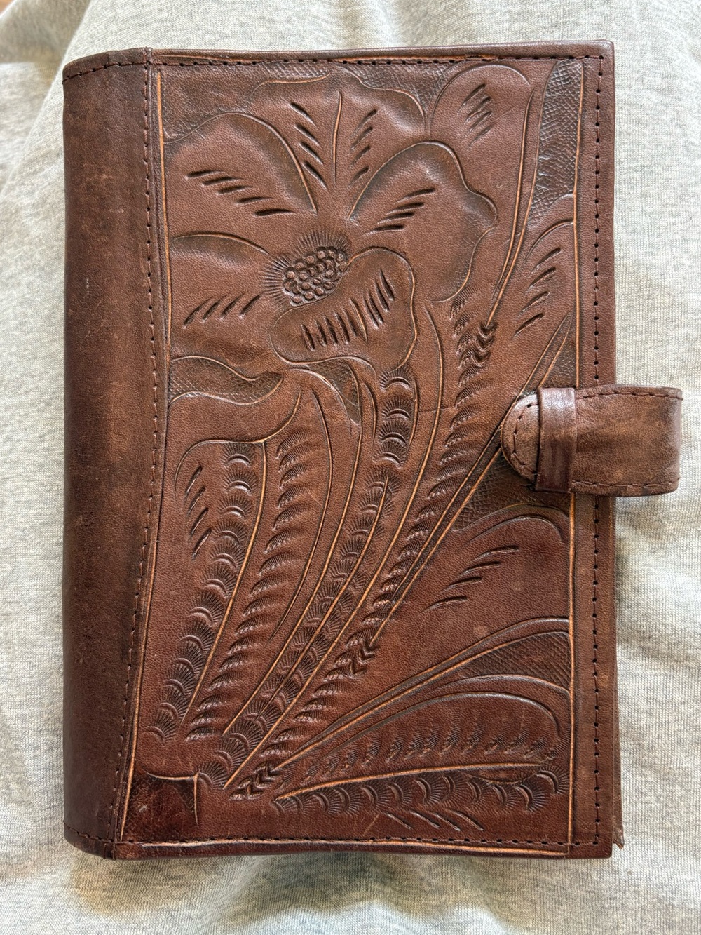 Hand-Tooled Leather Journal/Bible Cover with Floral Motif